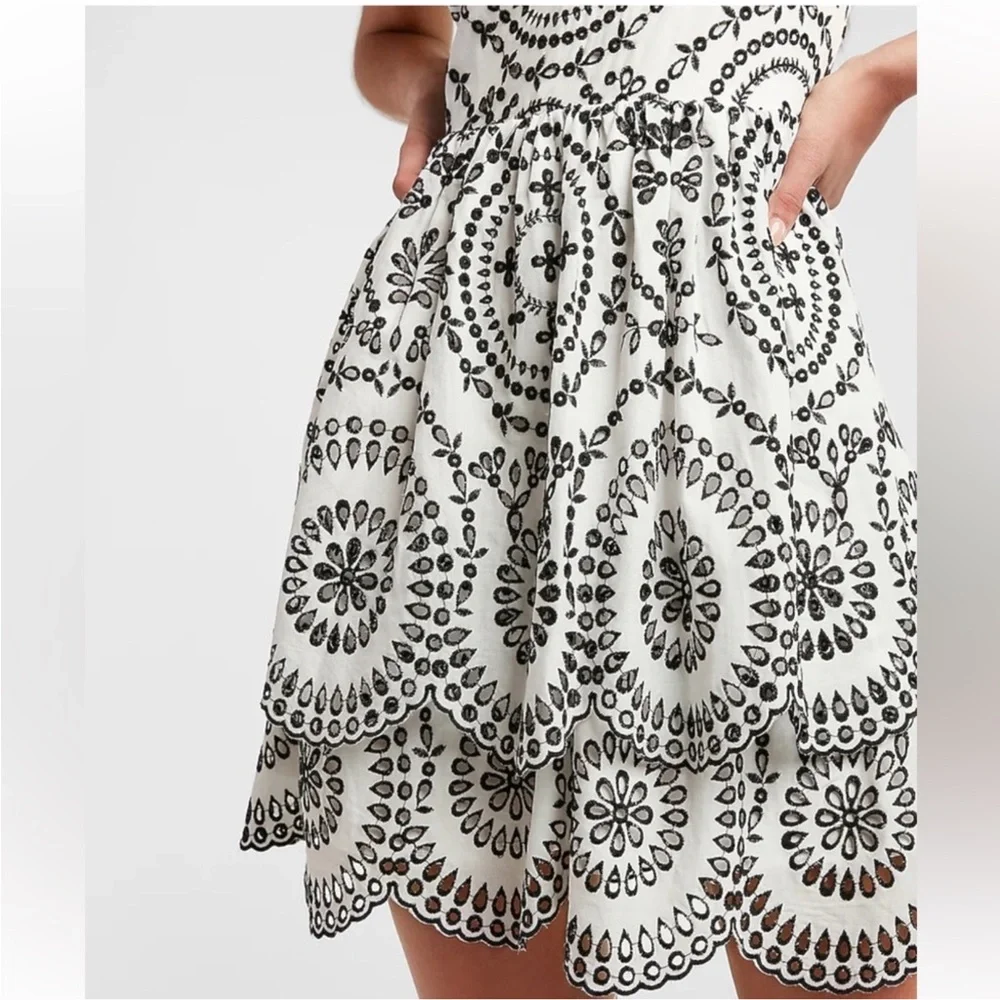 Express Black & White Embroidered Eyelet Tiered Fit & Flare Dress - Picture 10 of 12